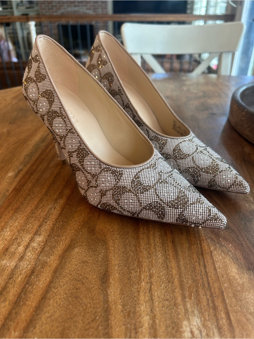 Coach Beige and Brown Signature Pointed Toe Heels